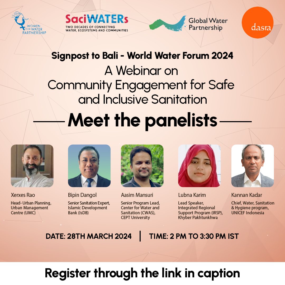 Introducing the panelists for the first webinar in the 2-part Signpost to Bali webinar series which serves as a precursor to the 10th World Water Forum, 2024. 🗓 28 March 2024 🕑 2:00 PM (IST) 🔗 Register Now: surl.li/rylrv @SaciWATERs @GWPnews @MarietCohen