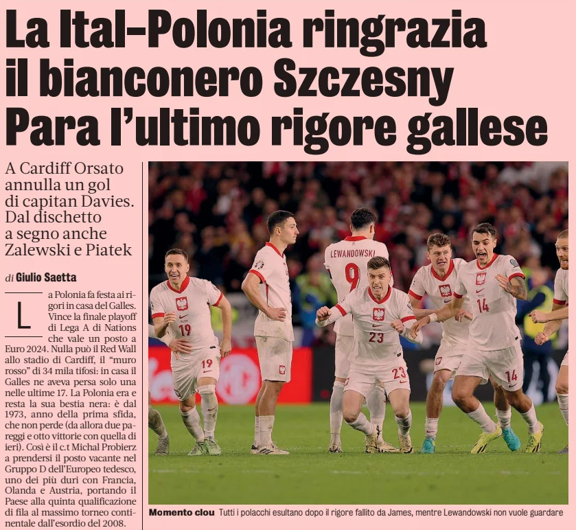 'Włoska Polska' dziękuje za awans bianconero Szczęsnemu - Gazzetta nie mogła nie zauważyć, że w podstawie zagrało wczoraj pięciu zawodników z #SerieA, a dzisiaj wszystko spina się, rzecz jasna, we 'włoską' narrację 🙂 #włoskaprasa