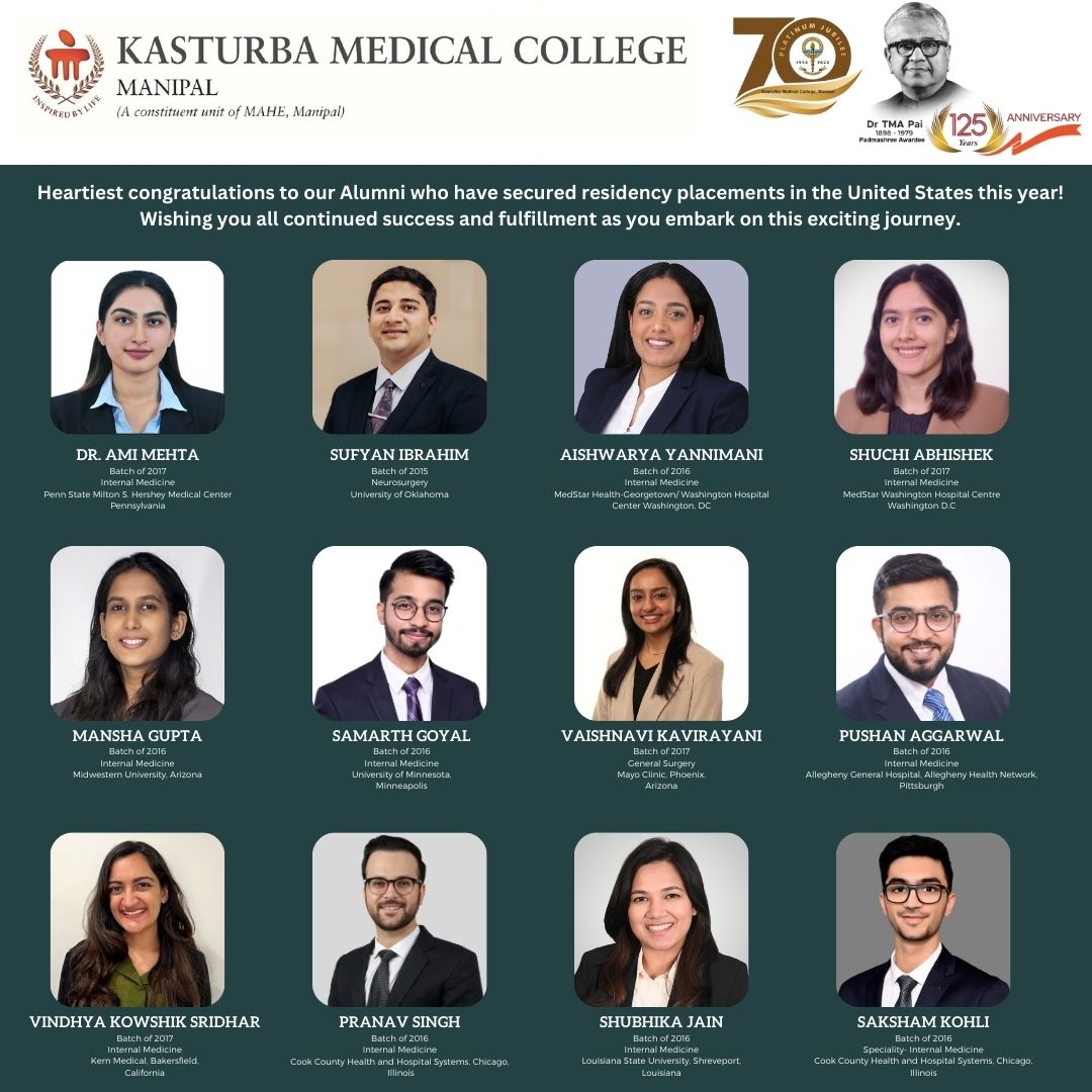 kmc_manipal's tweet photo. Heartiest congratulations to our  Alumni who have secured residency placements in the United States this year! Wishing you all continued success &amp; fulfillment as you embark on this exciting journey.
Here's to the outstanding achievements of #Match2024!🎉
#KMCManipal
#MAHEManipal https://t.co/ALnxs7eK3T