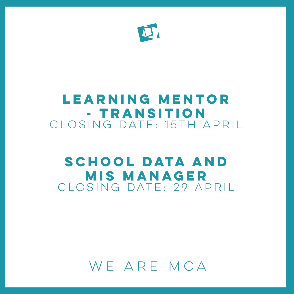 We have 2 really exciting vacancies within MCA! Learning Mentor 🏫 School Data and MIS Manager 🖥️ To apply and for more details visit - tinyurl.com/WeareMCAJobs