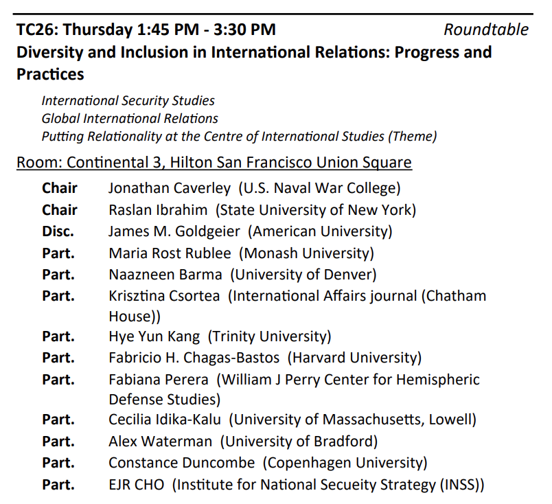 Heading to @isanet #ISA2024? Join us in this excellent roundtable conversation on diversity and inclusion in international relations, where our very own @_AlexWaterman will be reflecting on some of our experiences with @JournalofCW to date: