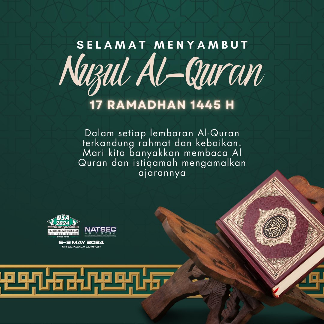 Selamat menyambut Nuzul Al-Quran kepada semua umat Islam di seluruh dunia. Dalam setiap lembaran Al-Quran terkandung rahmat dan kebaikan. Mari kita banyakkan membaca Al-Quran dan istiqamah mengamalkan ajarannya. #nuzulalquran #dsa2024 #natsecasia2024