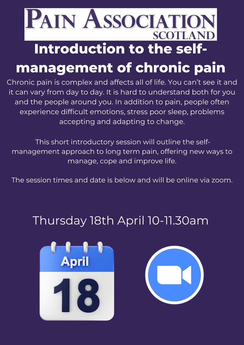 Pain Association (@painassocscot) on Twitter photo Our next Introduction to the Self-Management of Chronic Pain session is in April .
The session is open Scotland wide and is via Zoom.
Details ๐
Sign up ๐
bit.ly/43yFPOW
<a href="/DundeeCouncil/">Dundee City Council</a> <a href="/EndoDundee/">Endometriosis UK Dundee Support Group</a> <a href="/DundeeCityMgt/">Dundee City Centre</a> <a href="/NHSAAALibrary/">NHS A&A Library & Knowledge Services</a> <a href="/Dirrans_centre/">Dirranscentre@nahscp</a> Our next Introduction to the Self-Management of Chronic Pain session is in April .
The session is open Scotland wide and is via Zoom.
Details ๐
Sign up ๐
bit.ly/43yFPOW
<a href="/DundeeCouncil/">Dundee City Council</a> <a href="/EndoDundee/">Endometriosis UK Dundee Support Group</a> <a href="/DundeeCityMgt/">Dundee City Centre</a> <a href="/NHSAAALibrary/">NHS A&A Library & Knowledge Services</a> <a href="/Dirrans_centre/">Dirranscentre@nahscp</a>