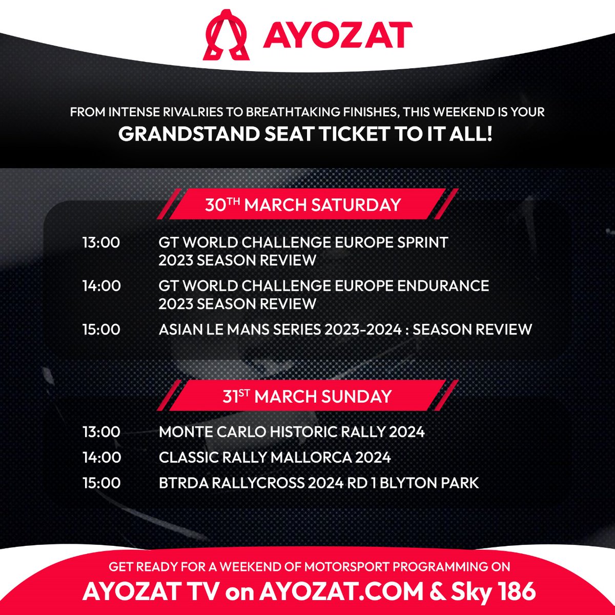 Rev your engines! Don't miss the adrenaline-packed motorsport lineup this weekend starting from 1pm on AYOZAT TV at Sky 186 and ayozat.com. Get ready for intense races, roaring engines, and thrilling action!
#motorsport #cars #racing #action #weekendracing