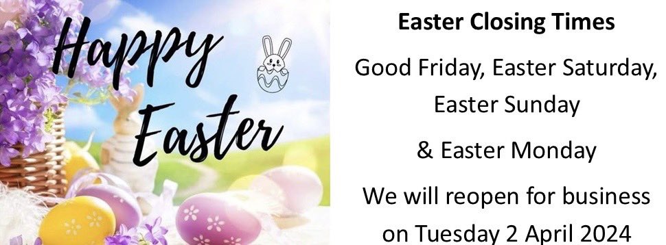 Our Easter closing times 🐣🐰
We will reopen Tuesday 2nd April