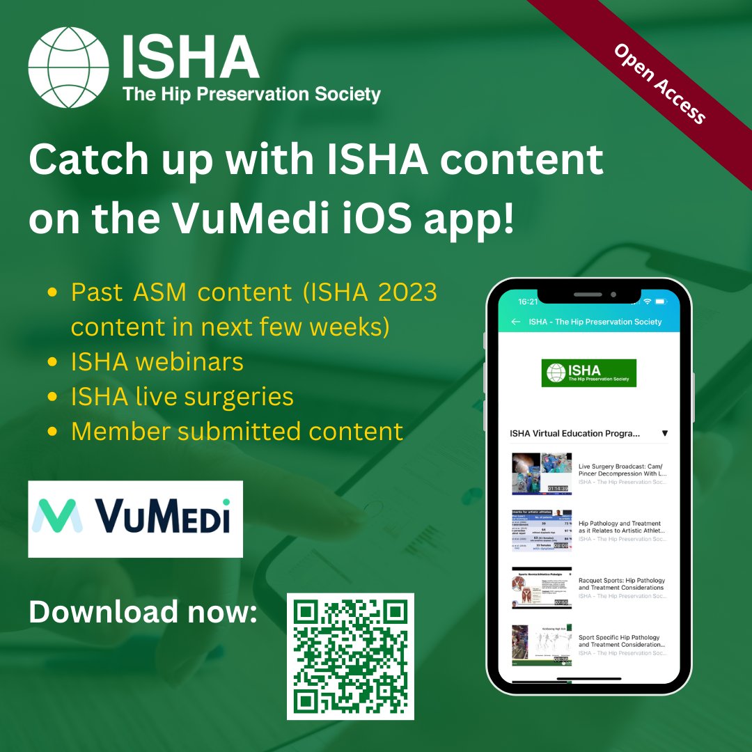 * CATCH UP WITH ISHA CONTENT ON THE NEW VUMEDI IOS APP!* Simply navigate to 'Channels', click the down arrow in the top right corner to select 'Societies', then look for ISHA - The Hip Preservation Society #OnDemand #virtualeducation #learning #hip