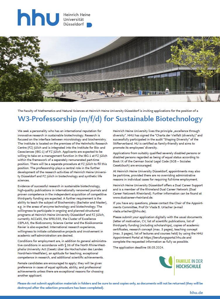 We are inviting applications for a: 'W3 Professorship for Sustainable Biotechnology' @HHU_de located at @fz_juelich. berufungsportal.hhu.de