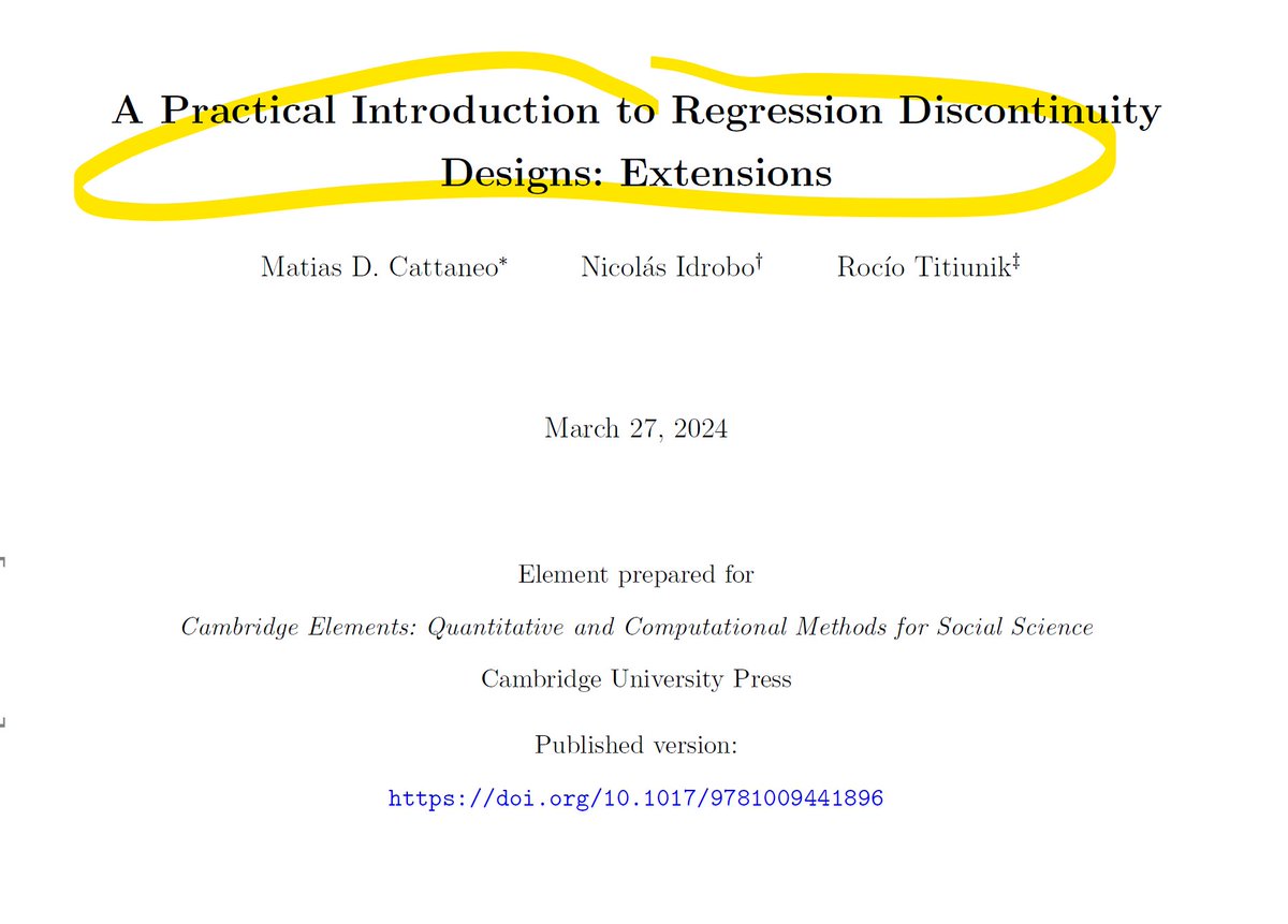 Hi #EconTwitter! 📈

Interested in 𝐫𝐞𝐠𝐫𝐞𝐬𝐬𝐢𝐨𝐧 𝐝𝐢𝐬𝐜𝐨𝐧𝐭𝐢𝐧𝐮𝐢𝐭𝐲 𝐝𝐞𝐬𝐢𝐠𝐧s [RDD] for causal inference?

Check out👇the latest *free* version of the "extension" RDD book by the top experts Matias Cattaneo (@princeton), Nicolas Idrobo (<a href="/Penn/">Penn</a>) and Rocio