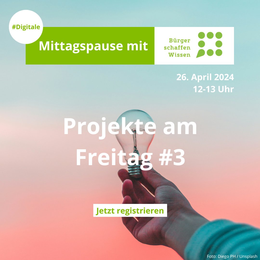 🗓️ Unsere Reihe „Projekte am Freitag“ geht am 26. April in die dritte Runde! In der digitalen #CSMittagspause berichten dann die Koordinator*innen von Frauen* im Fokus, GardenUp und Nürnberg forscht von ihren Erfahrungen. Mehr Infos und Anmeldung hier: buergerschaffenwissen.de/citizen-scienc…