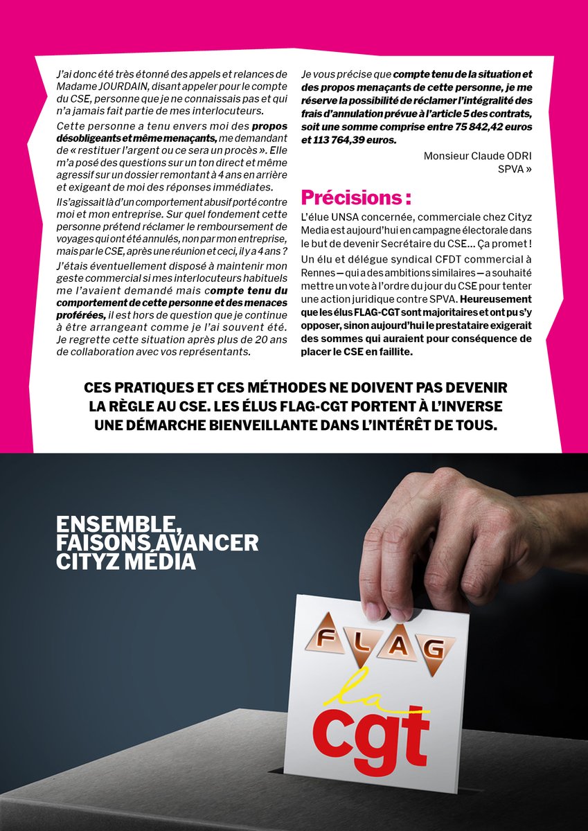 🔴 Ça dérape ! 🏭 Cityz Média (ex Clear Channel) • Branche Pub • 19 mars 2024 ➡️ Une élue UNSA menace un prestataire du CSE et fait courir le risque de mettre en faillite le CSE ! Ou comment certains syndicats agissent contre l’intérêt des salariés qu’ils prétendent défendre.