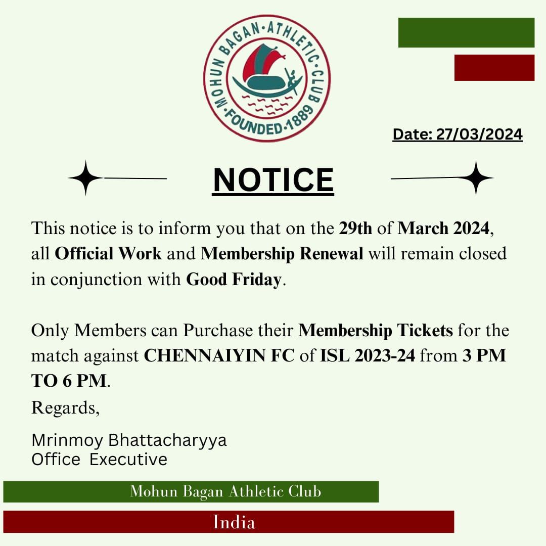 Notice. #MohunBagan #Mariners #MBAC #MohunBaganAthleticClub #JoyMohunBagan #Notice