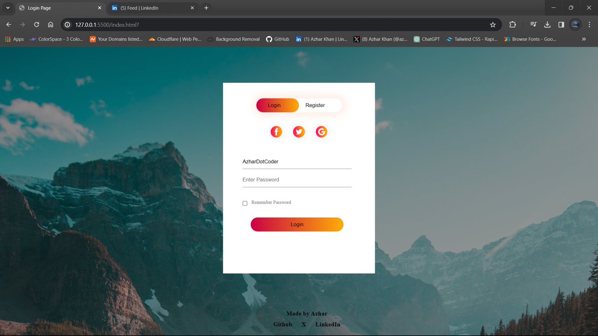 azhardotcoder's tweet image. 🌟 Day 23 of my #30DayChallenge: 

Just finished building a Login and Register Form! 🔐

Featuring:
1. Secure authentication
2. Intuitive UI
3. Responsive design

Crafted with HTML, CSS, and JavaScript 

Live - login-page-kappa-blue.vercel.app

 #coding