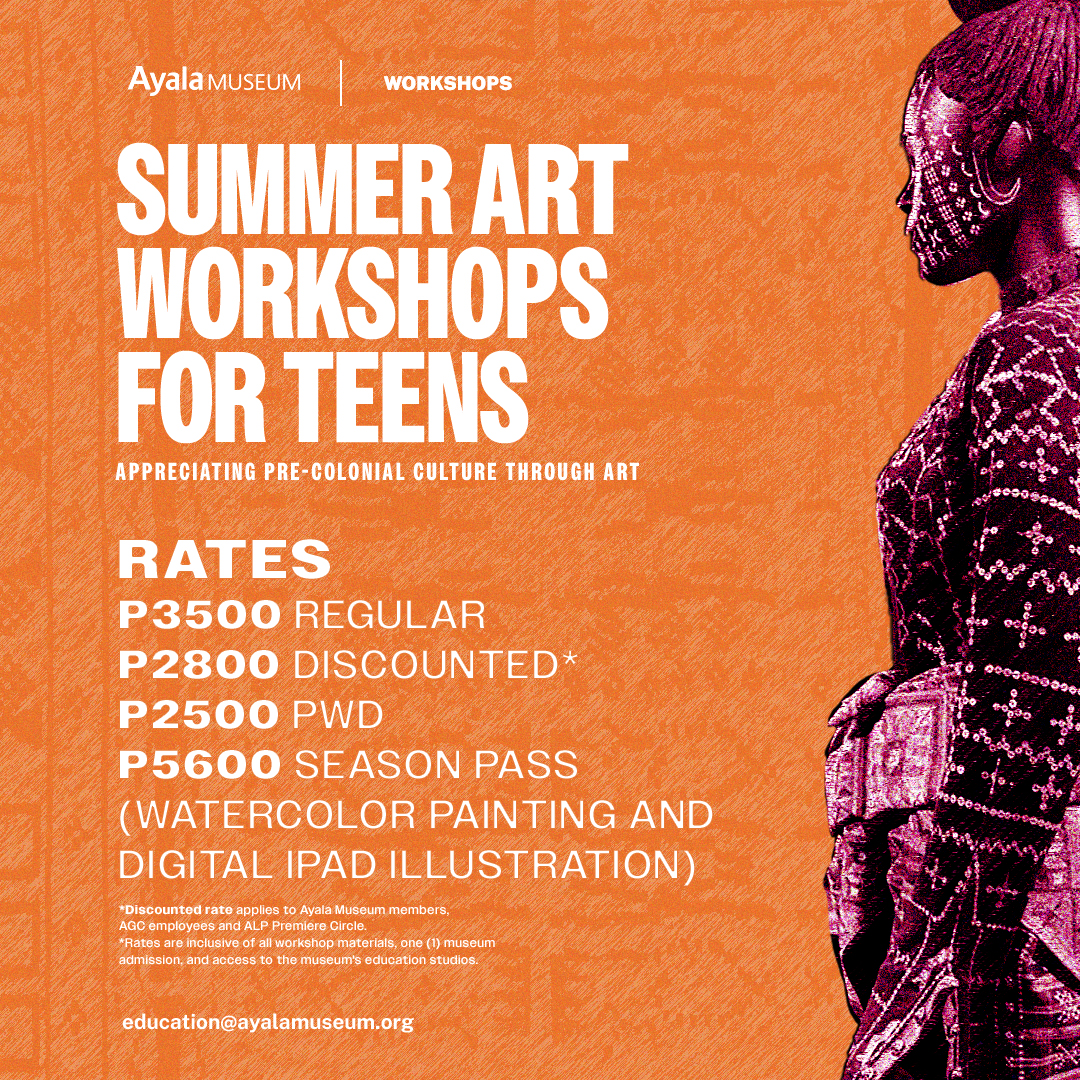 Join our summer art workshops for TEENS! 👑 GLAMOUR AND GOLD: WATERCOLOR PAINTING w/ Aldy Aguirre Apr 20, 2024 (1:00-5:00PM) 📱COLORS AND PATTERNS: DIGITAL IPAD ILLUSTRATION w/ Kim Santiago Apr 27, 2024 (1:00– 5:00PM) *BYO iPad with ProCreate app Book: ow.ly/T1Vt50R1PgG