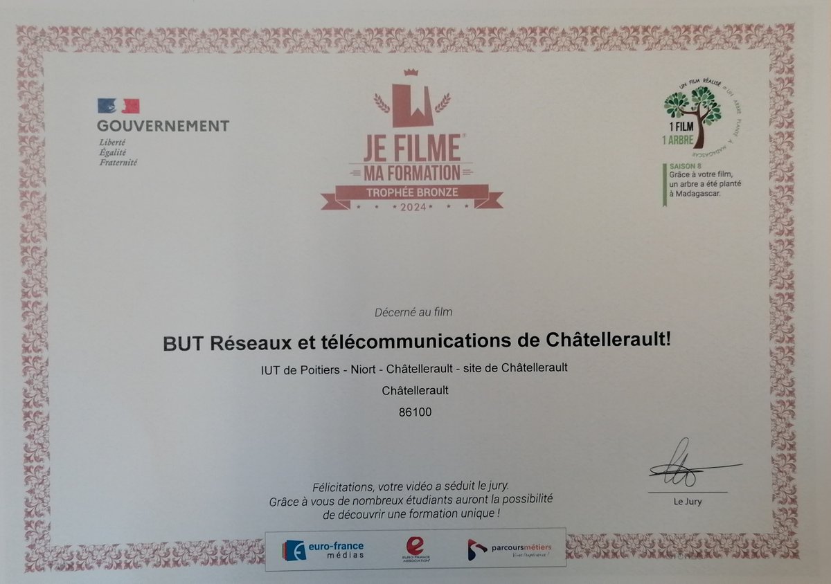 IUT-RT Poitiers (@rt_poitiers) on Twitter photo Quant au concours Communication des départements RT, le🥇prix a été décerné à la vidéo de Vincent, Noah et Enzo et le🥉prix à celle de Bastien et Matthias.
<a href="/UnivPoitiers/">Université de Poitiers</a> <a href="/sup_recherche/">Ministère Enseignement supérieur et Recherche</a> <a href="/rt_poitiers/">IUT-RT Poitiers</a>
#education #enseignementsup #formation #jefilmemaformation #parcoursmetiers Quant au concours Communication des départements RT, le🥇prix a été décerné à la vidéo de Vincent, Noah et Enzo et le🥉prix à celle de Bastien et Matthias.
<a href="/UnivPoitiers/">Université de Poitiers</a> <a href="/sup_recherche/">Ministère Enseignement supérieur et Recherche</a> <a href="/rt_poitiers/">IUT-RT Poitiers</a>
#education #enseignementsup #formation #jefilmemaformation #parcoursmetiers