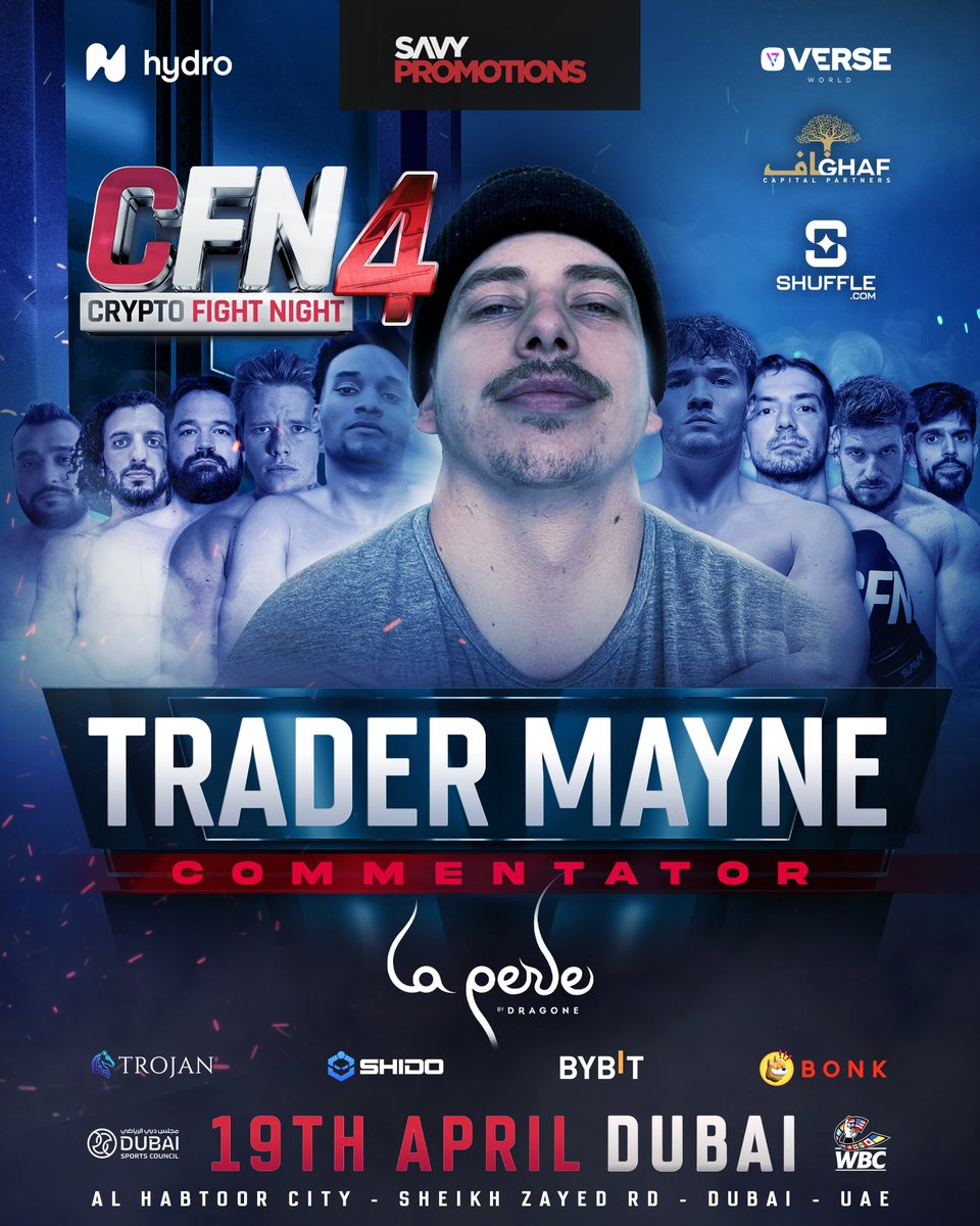 CryptoFightWeek's tweet photo. ON THE MIC! 🎙️ 

@Tradermayne will be commentating on all Crypto fights on April 19th! 🥊

#️⃣ #CFN4 
🥊 Ansem vs. Barney
📆 April 19th 
📍 @laperledxb 
🎟️ Link in bio https://t.co/IHPco8oyUr