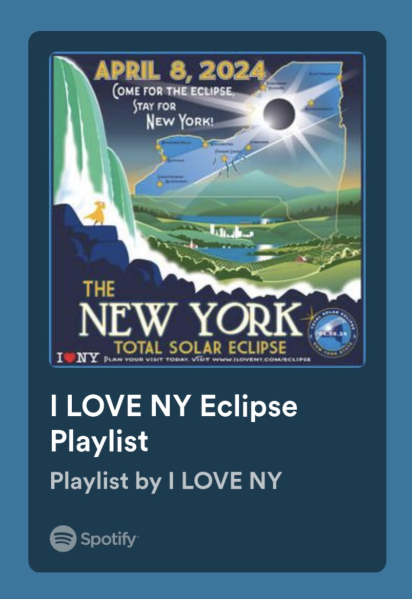 Whether you're getting hyped for the big event, need a road trip playlist, or want some viewing party tunes, @I_LOVE_NY has your soundtrack to watching the 2024 total solar eclipse in New York State on April 8! What songs would you add to this playlist? spoti.fi/3V03QfN