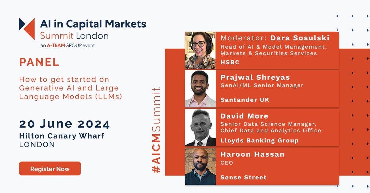 Join us on 20 June at AI In Capital Markets Summit London for this panel on how to get started on generative AI & LLMs; with speakers from
@hsbc  @santanderuk  @LBGplc & Sense Street

Register: a-teaminsight.pulse.ly/lmttodz6oa

#AICMSummit #generativeAI #GenAI #AI #LLMs