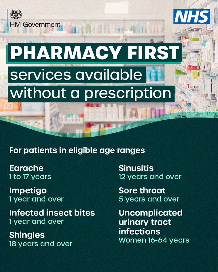 Community pharmacies can now treat patients for seven common conditions without a GP prescription. Check the age eligibility for each condition below. More information: nhs.uk/thinkpharmacyf…