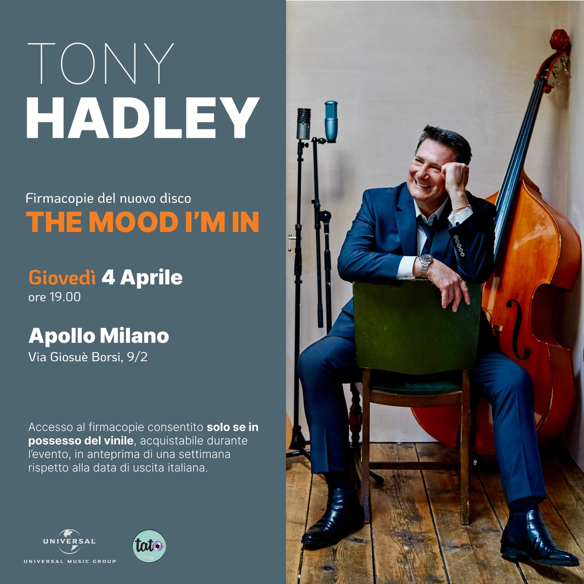 Italian fans 🇮🇹 Tony will be signing vinyl copies of his new album, The Mood I’m In, at Apollo Milano on Thurs 4 April from 7pm. To access the signing session purchase a copy of the album on vinyl from Apollo Milano on the day! The album will be released in Italy on 12th April.