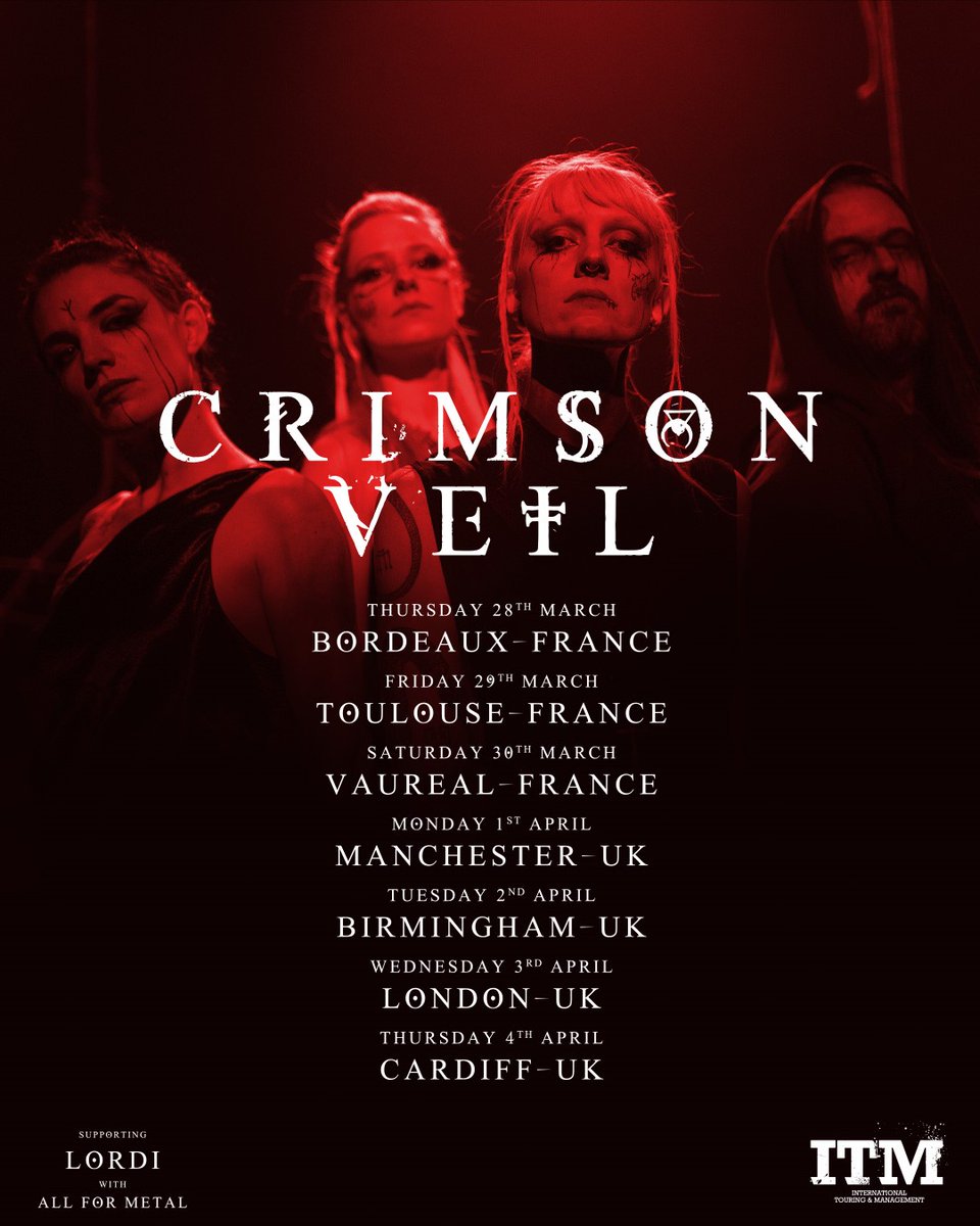 Genre wanderers @crimsonveilband have signed to RPM; the band will be performing in France and the UK alongside new labelmates @LORDIOFFICIAL & ALL FOR METAL during the next days! 🇫🇷 🇬🇧 #crimsonveil #newsigning #europeantour #ontheroad #lordi #allformetal