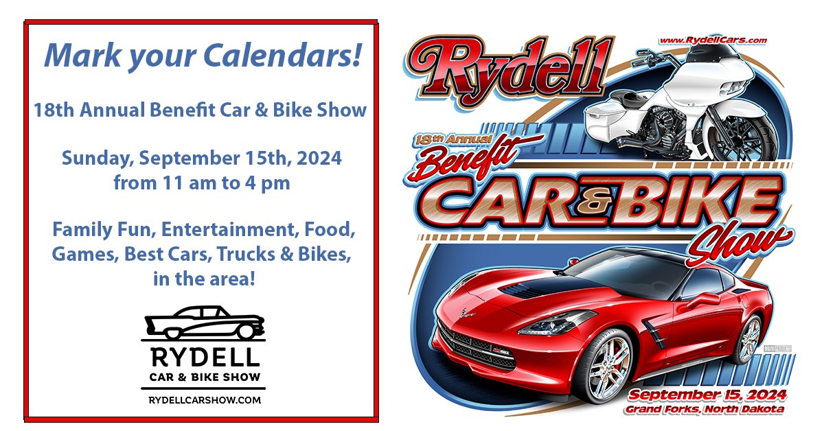 Mark your Calendars! The 18th Annual RYdell Charity Benefit Car & Bike Show! Coming Sunday, September 15th, 2024. Don't want to miss this one!