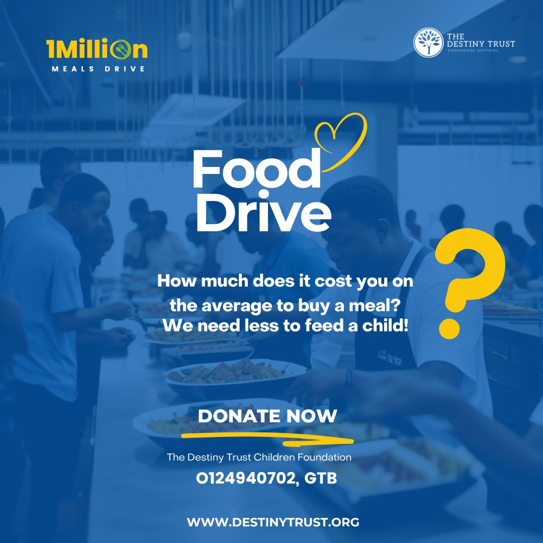 Did you know that a fraction of what you spend on a meal (e.g the price of an extra piece of meat) can feed a child in a home?
Join us to combat hunger in these times. Donate to 0124940702. GTB.
#1MillionMeals #FoodDrive #EndChildHunger