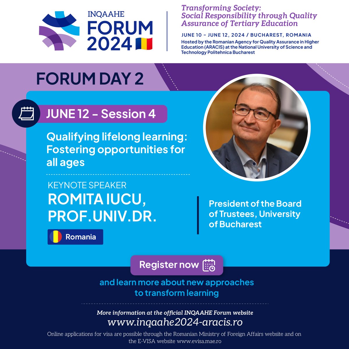 We're honored to welcome Romita IUCU, Prof. Univ. Dr., from the University of Bucharest, for his keynote address on 'Qualifying lifelong learning: Fostering opportunities for all ages' at #INQAAHEForum2024 (Session 4, June 12). Learn more: inqaahe.org/blog/forum-202…