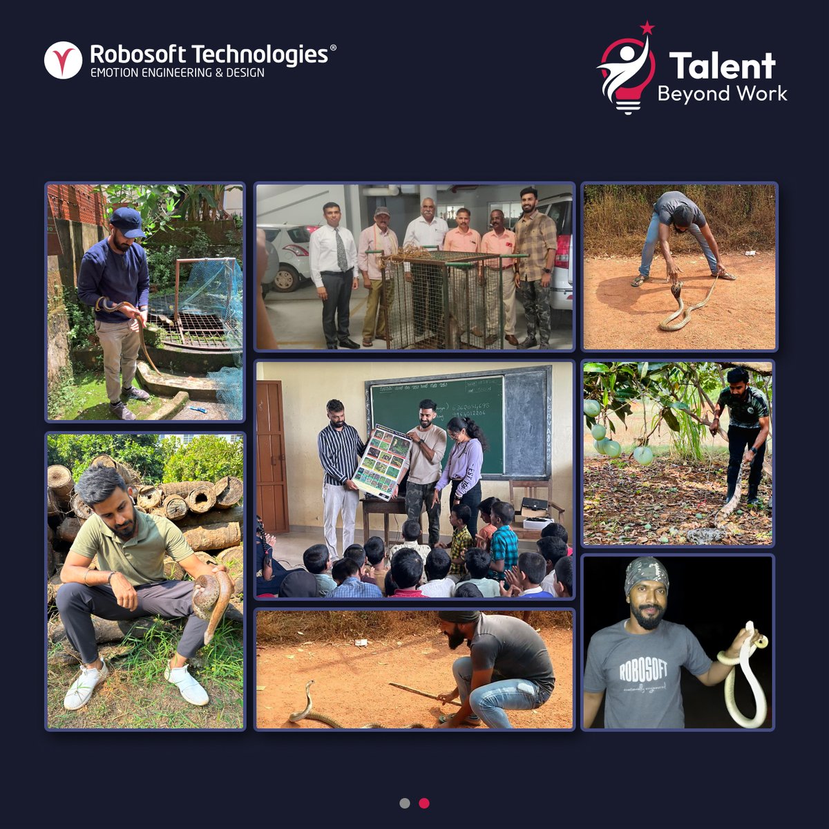 Robosoft's tweet photo. Meet Akshay Shet and Rajesh G, dedicated Robosoftians with a passion for wildlife conservation. Their commitment to being serpent saviors and rescuing wildlife is admirable. We are proud to have them as members of our team.

#TalentBeyondWork #LifeatRobosoft https://t.co/TjKiMzcBYw