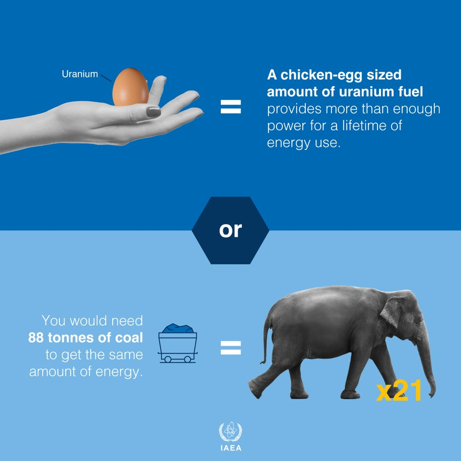A 🐔🥚 chicken egg sized amount of uranium fuel can provide enough power for a lifetime of energy use for an average person! See how #NuclearEnergy compares to other fuels for electricity ⚡ production 👇 atoms.iaea.org/3ttqB0e