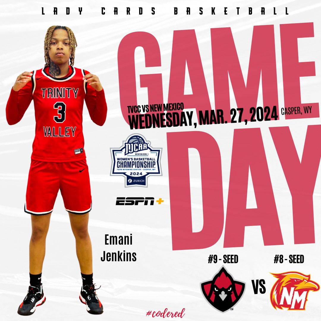 🏀 IT’S GAME DAY 🏀 NJCAA National Tournament 🆚 #8-seed New Mexico JC 📍Casper, WY ⏰ 5:45 pm 📺 espn.com/watch/roadbloc… 😈 #LadyCards #CODERED #WeAreTVCC