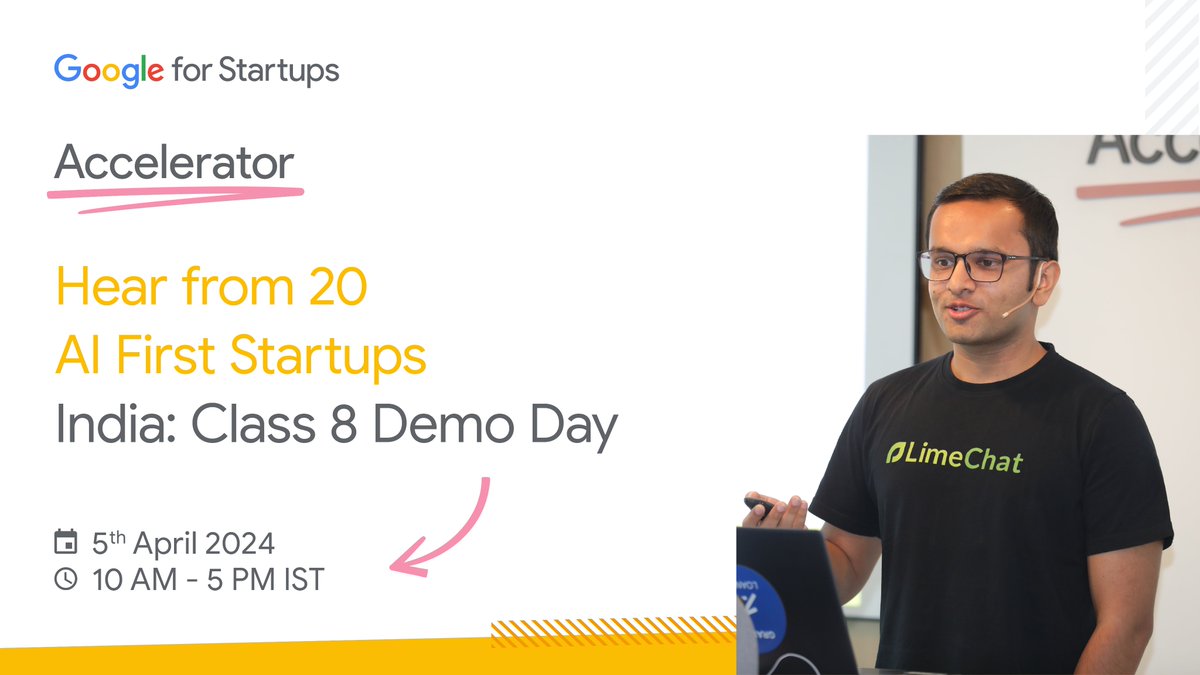 RSVP for the @GoogleStartups Accelerator: India Class 8 (AI-first) Demo Day here: goo.gle/GFSAIN8-DD 
💡Hear from industry leaders on the latest in AI. 
🚀Meet India's most promising AI-first startups  
🤝Connect with founders, partners & KOFs
#AcceleratedWithGoogle #DemoDay