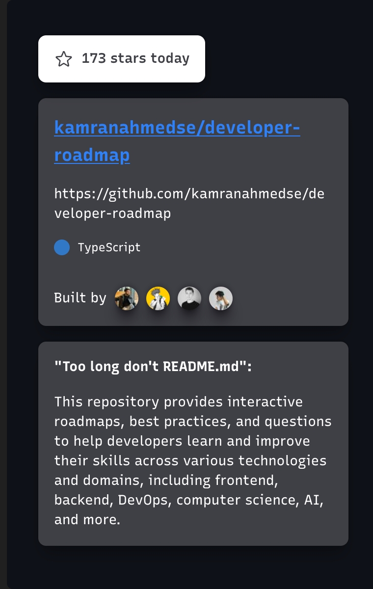 techtoktoday's tweet photo. From https://t.co/v4PUPZbFC4

GitHub trending
🚏 developer-roadmap: interactive dev roadmaps 

Product picks
🗣️ @aquavoice: voice-driven text editor 
🏠 @martinvoiceai the AI butler 
💡 @CreatieAI product design with AI 

#githubtrending #indiehackers https://t.co/mYnr2LtGQj