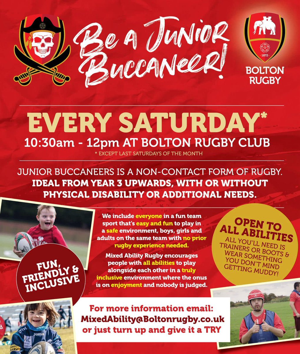 Our Junior Buccaneers Mixed Ability sessions are now on at Bolton Rugby Club every Saturday (apart from the last Saturday of every month) at 10.30am Come down & give Mixed Ability rugby a try, ALL abilities welcome to come & join in our fun & friendly sessions! #MixedAbilityRugby