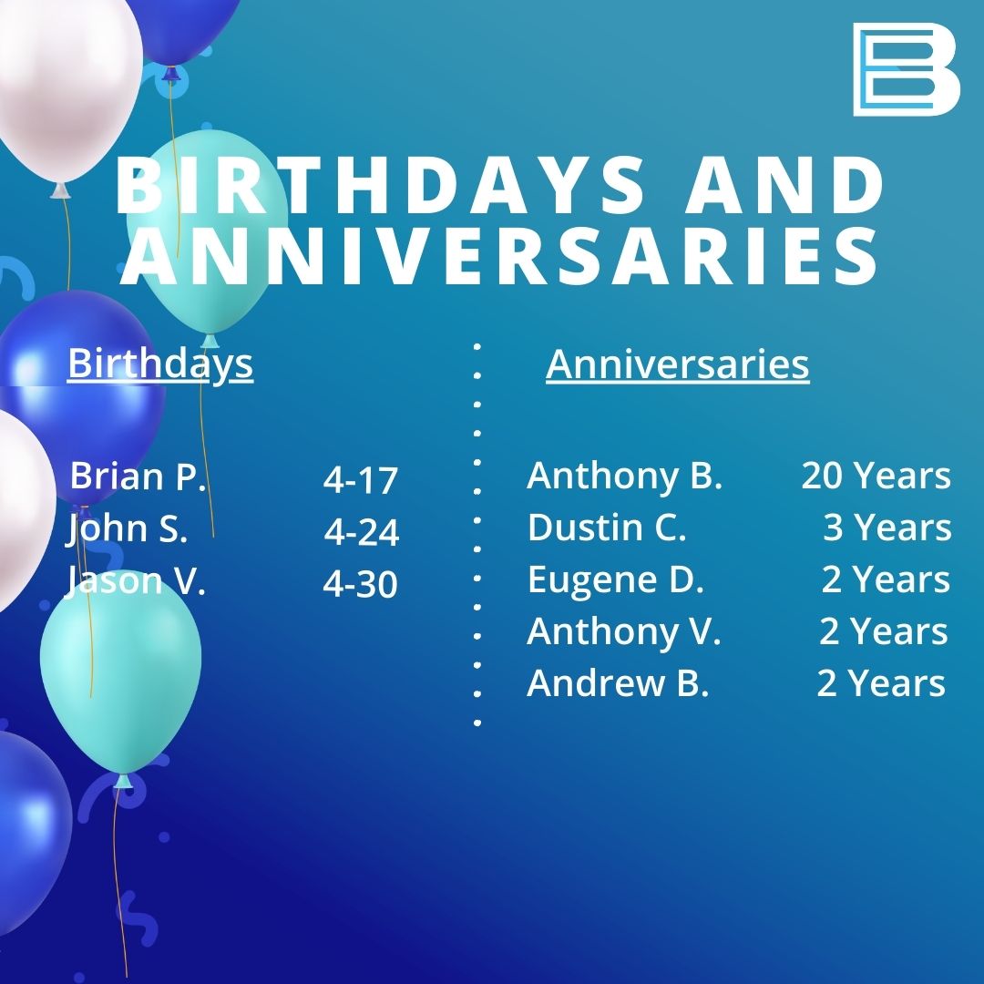 Happy birthday and work anniversary to the following team members. Thank you for all your hard work today and every day during the year! 
#EmployeeAppreciation #WorkAnniversary #HappyBirthday #BetterEngineeringEmployees