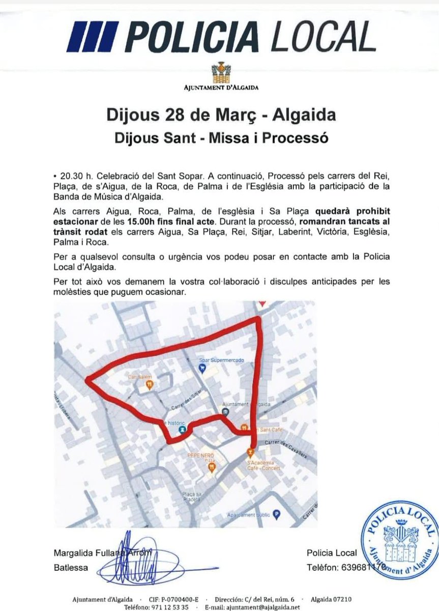 PcAlgaida's tweet photo. ‼️Atenció, informació important.
🕯Demà hi ha la celebració del Dijous Sant - Misa i Processó. 
⚠️ Demanam que es respecti la senyalització i les indicacions de la policia local i protecció civil. Moltes gràcies 
@policialocalalgaida @PcAlgaida https://t.co/kA7eMAdNBn