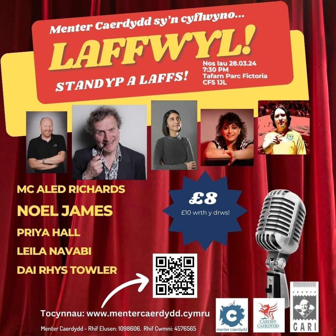 MenterCaerdydd's tweet photo. π£ Beth am gychwyn penwythnos y #Pasg gyda #Laffwyl? @Aledrich
#laff #tonig #Caerdydd #StandypCymraeg #DefnyddiaDyGymraeg
Tocynnau:
https://t.co/c6PASVeg2z
@yrawrgymraeg @MIBroMorgannwg @MenterIaithRhCT https://t.co/YNemRqoCr6
