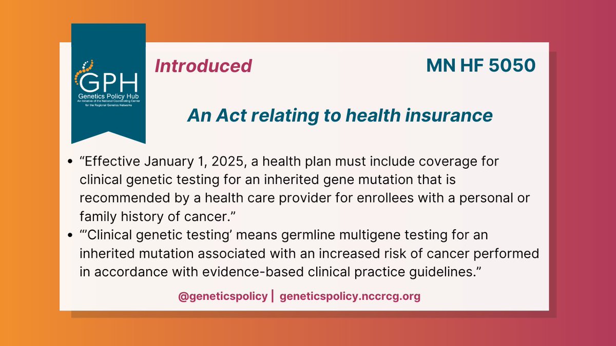 On March 20, 2024, the #MN House introduced a bill which would require health insurance plans to provide coverage for clinical #GeneticTesting for enrollees with a personal or family history of #cancer, effective January 1, 2025. Learn more at: bit.ly/4a8ViIg