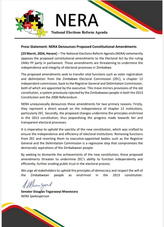 No to retrogressive constitutional amendments: NERA is totally opposed to proposals to have voter registration and delimitation functions to be transferred to bodies appointed by the executive. This is exactly what Zimbabweans rejected in the 2013 Referendum.