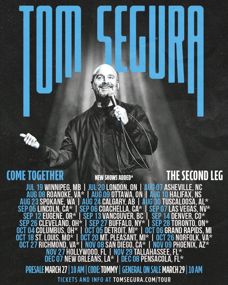 Presale for new shows begins TODAY at 10AM local time with the code TOMMY. Tickets and all info at tomsegura.com/tour