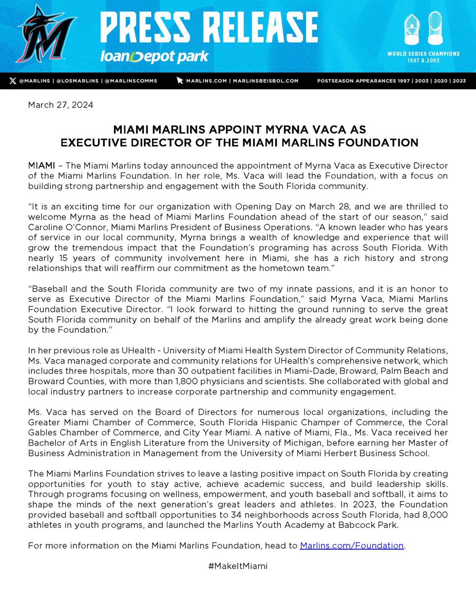 Miami Marlins appoint Myrna Vaca as Executive Director of the Miami Marlins Foundation