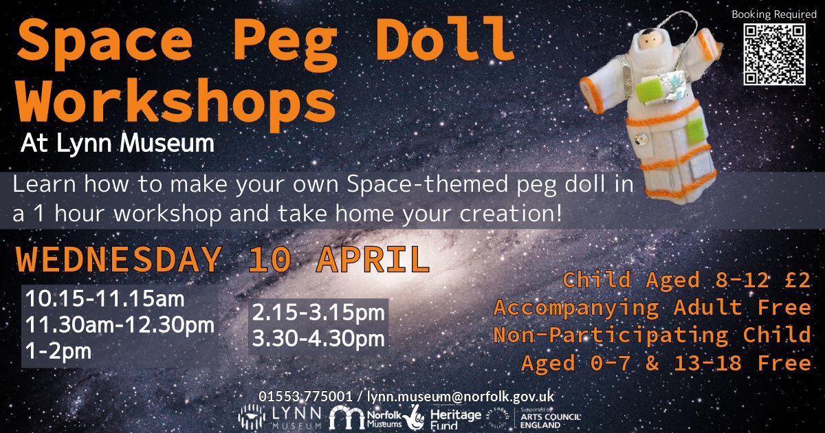 🌠 Space Peg Doll Workshops at Lynn Museum today, Wednesday 10 April! 🌠 Learn how to make your own Space-themed peg doll in one of our 1 hour workshops! Workshops are designed for children aged 8-12 and includes museum admission. 🎟️ Call 01553 775001 for more information.