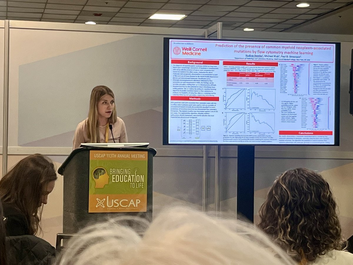 Full house for this morning’s Moderated Poster session @TheUSCAP, “Prediction of Presence of Common Myeloid Neoplasm-Associated Mutations by Flow Cytometry #MachineLearning,” by @WCMCPathology’s Dr. Nadine Demko. #USCAP2024 #IAMUSCAP #PathTwitter #Pathology