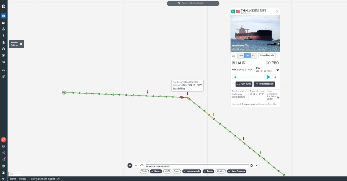 More than 10 vessels have rerouted following the bridge collapse in Baltimore, #MarineTraffic data shows. All these vessels had #Baltimore as their destination 48h ago. Our map shows the bulk carrier Thalassini Niki rerouting to Colombia. Read more: marinetraffic.com/en/maritime-ne…