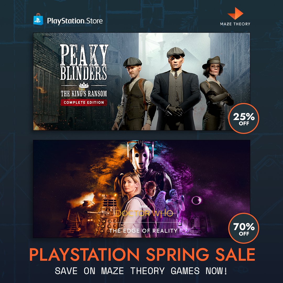 Two epic Maze Theory games are now on sale on the PlayStation Store! Peaky Blinders: The King's Ransom Complete Edition is 25% off: bit.ly/3ITEtEX Doctor Who: The Edge of Reality (Deluxe Edition) is 70% off: bit.ly/49bKqIk Grab them both before the sale ends!