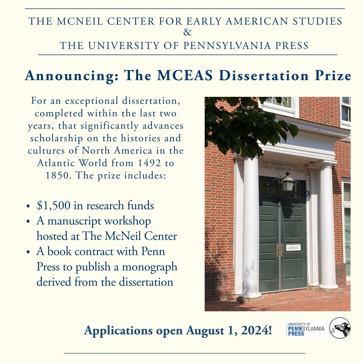 The McNeil Center & @PennPress will inaugurate a new prize this summer for an exceptional dissertation in early American studies. The award includes a book contract, research funds, and a manuscript workshop at the Center. Applications open August 1!