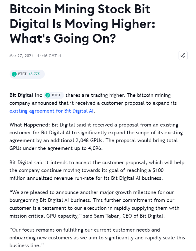 Umbisam's tweet photo. $BTBT Up 9% on AI  expansion announcement. Those believing AI as-a-service is a no-go for miners should completely re-asses their bias. https://t.co/Fw4lyhIytL