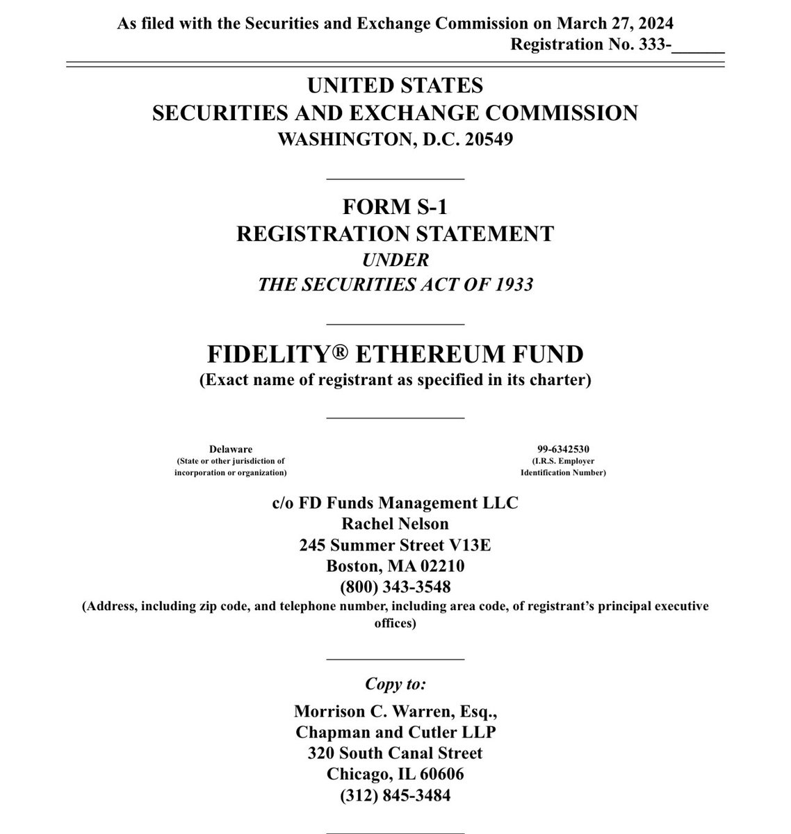 WatcherGuru's tweet image. JUST IN: $4.5 trillion asset manager Fidelity files S-1 form for Spot Ethereum ETF with staking included.