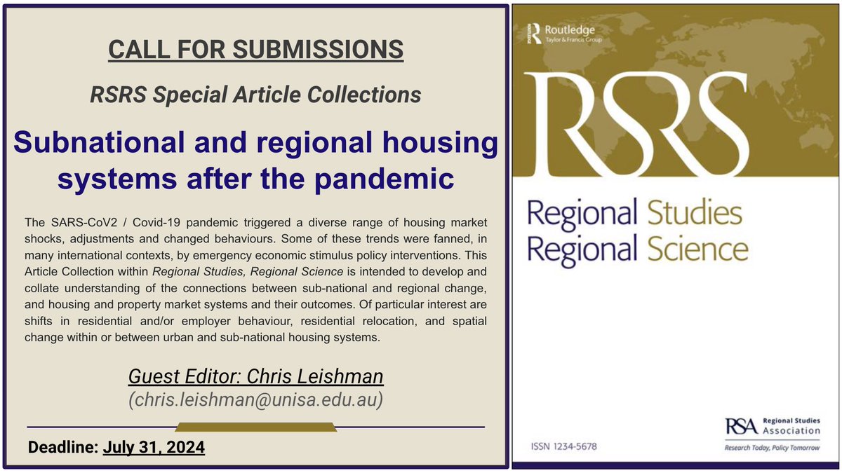 🏘️⏭️ Subnational & regional dynamics are important to consider when it comes to housing markets. A Special Issue sure to be of interest for researchers working at the regional housing level pre and post pandemic. Submissions 'til July 31, 2024 Edited: @cm_leishman @UniversitySA