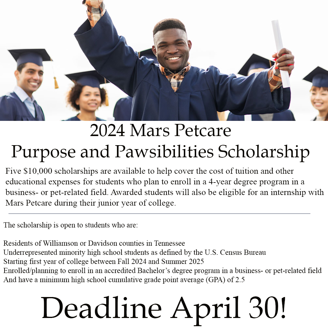 Deadline in one week!
AMAZING OPPORTUNITY for graduating Seniors!!!   Mars Petcare US 2024 Purpose and Pawsibilities Scholarship.  FIVE $10,000 scholarships are available.

Details &amp; how to apply: bettercitiesforpets.com/.../2024-mars.……

<a href="/WCSedu/">WCS</a> <a href="/MetroSchools/">Metro Schools</a>
- Share with your students!!!