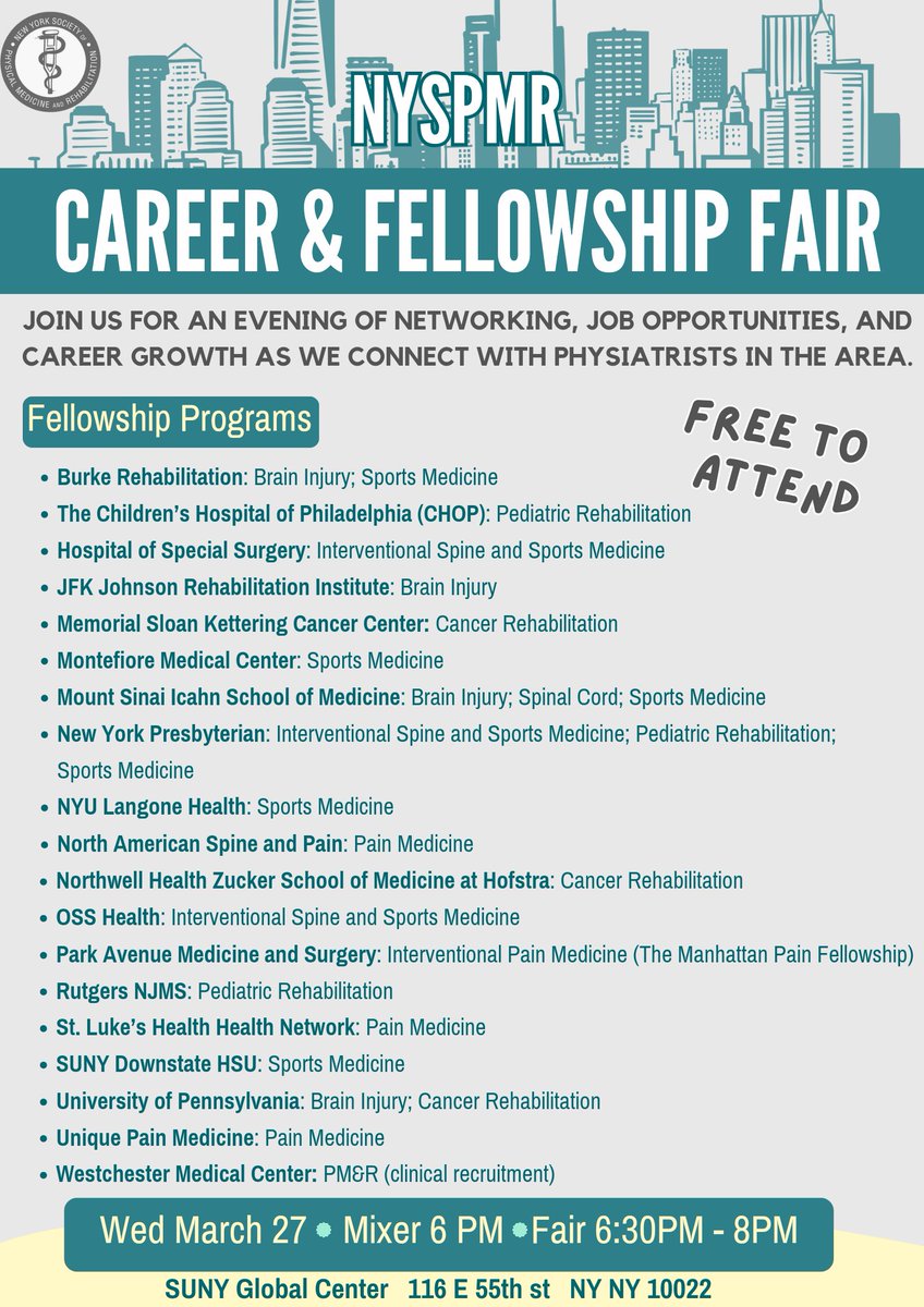 NYSPMR's tweet photo. Tonight is the Night! Join us for our annual Career and Fellowship Fair. 6-8 PM. Meet with Fellowship programs, PM&amp;R organizations, and our amazing Sponsors. SUNY Global Center 116E 55th st NY NY 10022 #nyspmrfellowshipfair #nypmrcareerfair #nyspmrevents #pmrresidency https://t.co/J2KthYrmZZ